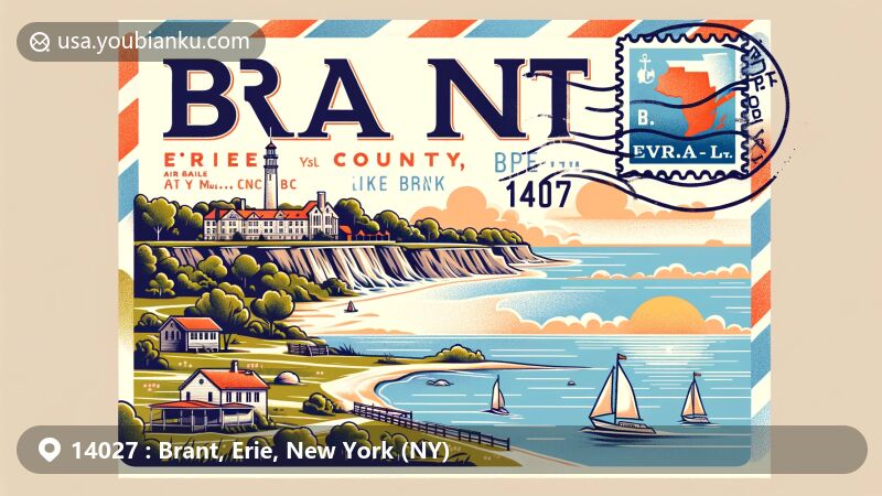 Modern illustration of Brant, Erie County, New York, highlighting scenic beauty of Lake Erie, Mohawk Chief Col. Joseph Brant's historical significance, and Evangola State Park, with postal theme showcasing ZIP code 14027.