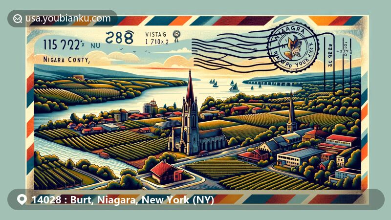 Modern illustration of Burt area, Niagara County, New York, showcasing vineyards, wineries, and postal theme with ZIP code 14028, featuring geographical map outline and vintage postal elements.