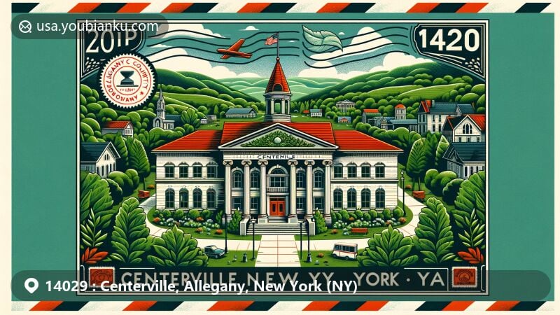 Modern illustration of Centerville, Allegany County, New York, showcasing postal theme with ZIP code 14029, featuring Greek Revival Town Hall and lush green landscapes.