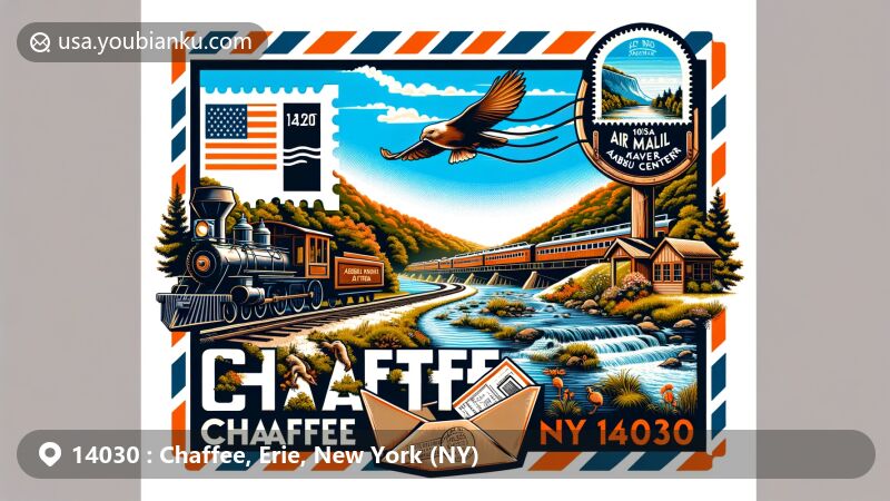 Creative illustration of Chaffee, Erie County, New York, capturing the essence of ZIP code 14030 with scenic railroad, wildlife elements representing Beaver Meadow Audubon Center, vintage air mail envelope, and New York State symbols.