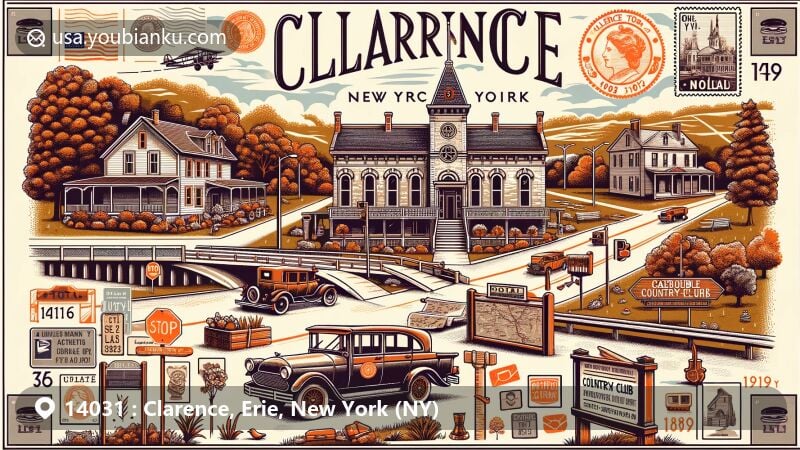 Modern illustration of Clarence, New York, showcasing rich history and postal theme with vintage automobile and Clarence Town Park elements, honoring the town's heritage and postal identity.