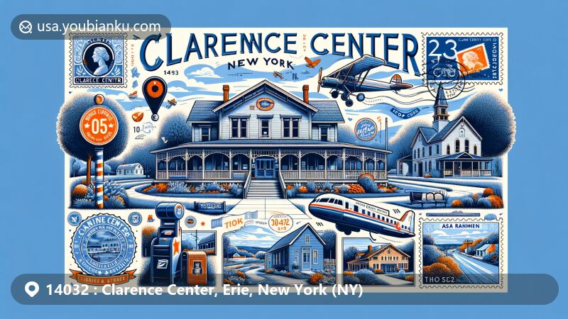 Modern illustration of Clarence Center, New York, featuring historic charm and postal heritage, showcasing landmarks like J. Eshelman and Company Store, Town Park Clubhouse, and Asa Ransom House, integrating postal elements such as vintage air mail envelope, local sight stamps, 'Clarence Center, NY 14032' postmark, and old-fashioned mailbox.