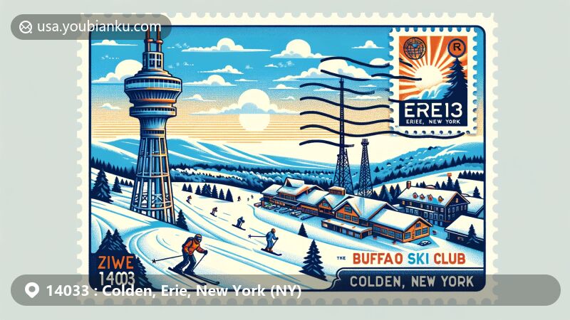 现代插图描绘了冬季活动精髓的Colden地区明信片，展示Buffalo Ski Club和WIVB-TV塔，与纽约州14033邮编相关的艺术邮票设计和邮政标记，色彩鲜明生动。
