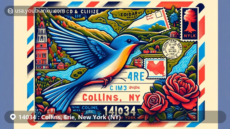 Creative depiction of postal code 14034 for Collins, Erie, New York, featuring aerial envelope theme merging Collins town's geographic outline with scenic Zoar Valley, and incorporating New York state symbols like the Eastern Bluebird, Rose, and Sugar Maple, symbolizing natural beauty and cultural heritage.