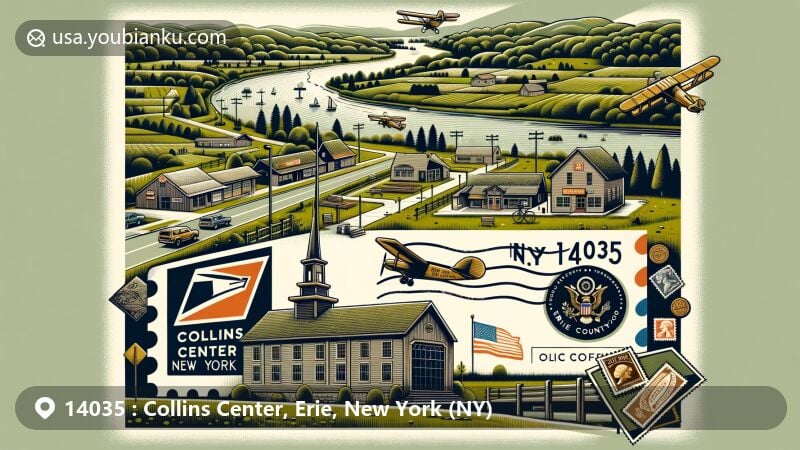 Modern illustration of Collins Center, New York, featuring postal theme with ZIP code 14035, highlighting peaceful green landscapes and town's postal identity.