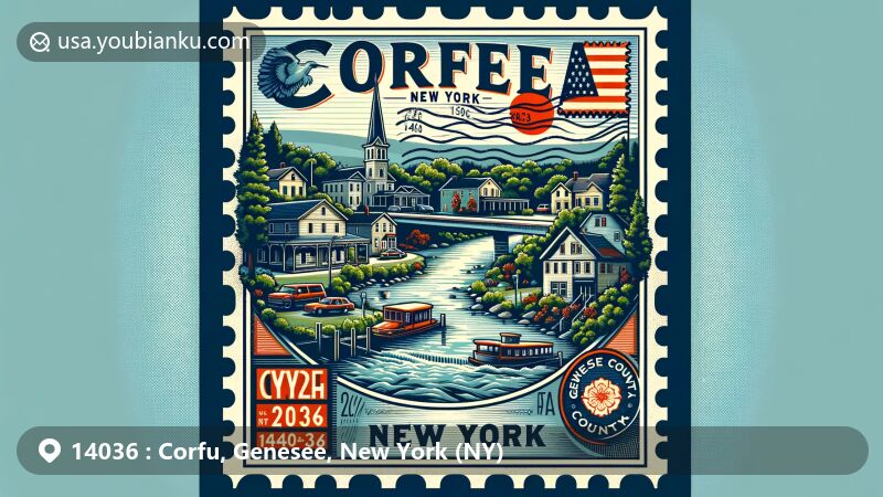 Modern illustration of Corfu Village in Genesee County, New York, capturing small-town charm and local geography, featuring traditional buildings, tree-lined streets, and symbolic Murder Creek, with vintage postcard design highlighting ZIP code 14036 and 2024 postmark.