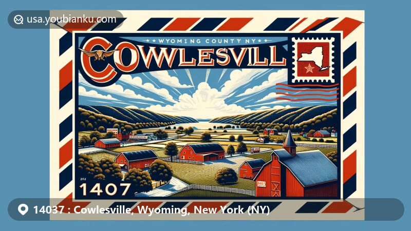 Modern illustration of Cowlesville, New York, showcasing rural landscapes, farms, and rolling hills of Wyoming County, with New York state flag blending into the background. Airmail envelope design with red and blue stripes, featuring a stylized postal stamp of Wyoming County, red barn, green tractor, and ZIP code 14037.
