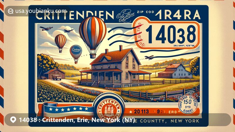 Modern illustration of Crittenden area in Erie County, New York, showcasing postal theme with ZIP code 14038, featuring vintage-style airmail envelope and elements like Crittenden Creamery and rural countryside ambiance in Alden. Includes New York state flag.