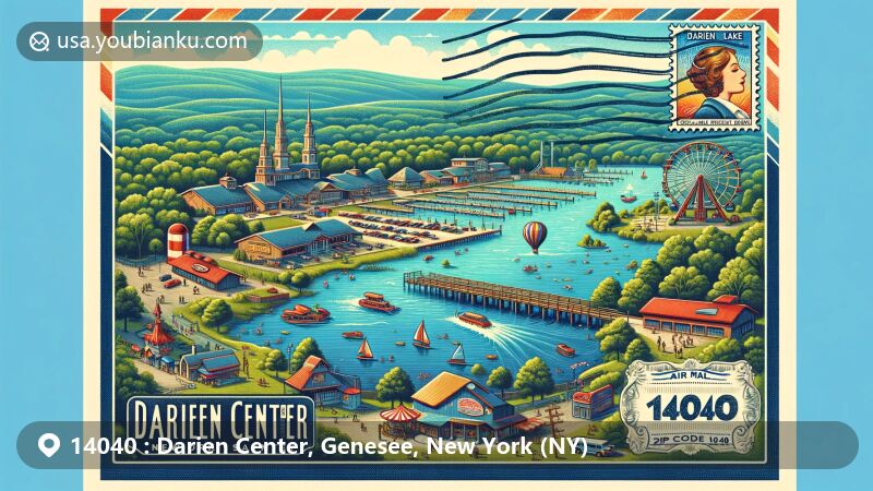 Modern illustration of Darien Center, Genesee County, New York, showcasing natural beauty of Darien Lakes State Park and entertainment attractions of Six Flags Darien Lake Theme Park, integrated with vintage postal theme featuring ZIP code 14040.