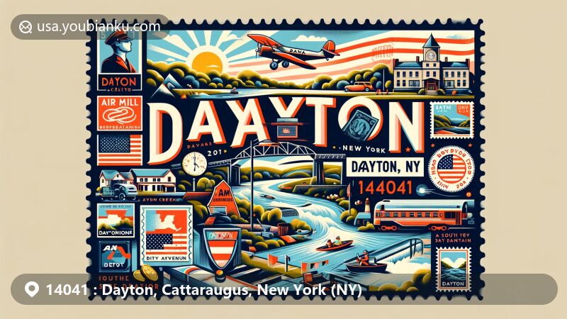 Modern illustration of Dayton, Cattaraugus County, New York, portraying vibrant landscapes, Conewango Creek, Aim High Adventures, and South Dayton Depot, with retro air mail envelope and New York state flag.