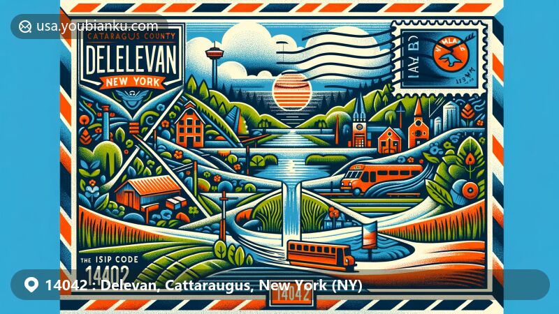 Modern illustration of Delevan, Cattaraugus County, New York, highlighting postal theme with ZIP code 14042, featuring village heritage and notable figures like Rusty Dedrick and The Free Design music group.