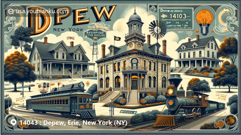Modern illustration of Depew, New York, highlighting Colonial Revival architecture of the Depew Post Office, 'Beginning of the Day' mural by Anne Poor, railroad industry elements, village founding date of 1894, and local high school rivalry with Lancaster High School.
