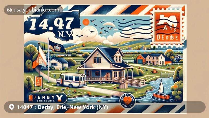Modern illustration of Derby, Erie County, New York, featuring postal theme with ZIP code 14047, highlighting small-town charm and outdoor recreational areas, incorporating iconic New York State symbols and Erie County's geographical outline.