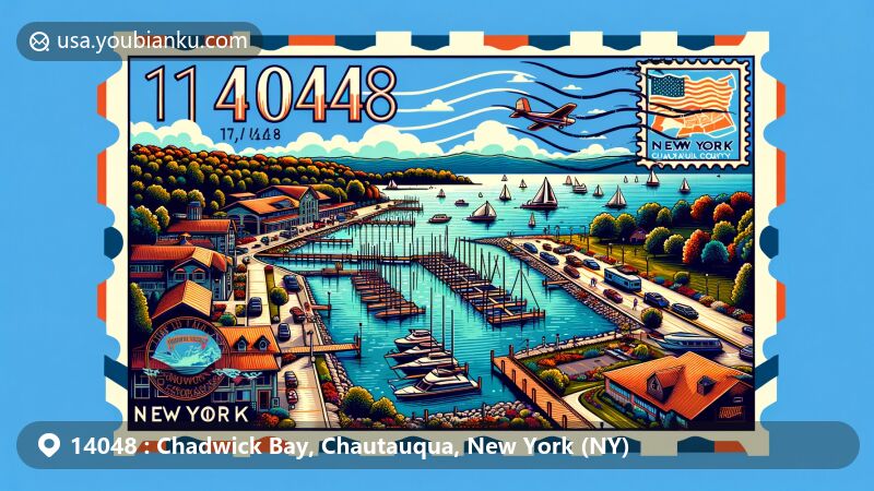 Modern illustration of Chadwick Bay Marina in Chadwick Bay, Chautauqua County, New York, featuring leisure and boating culture against the backdrop of Lake Erie, incorporating New York state symbols and postal theme with ZIP code 14048.