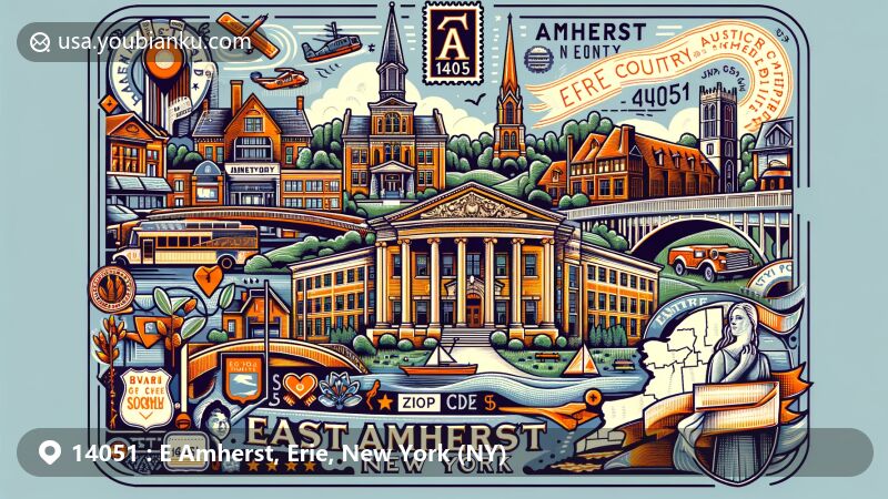 Modern illustration of East Amherst, Erie County, New York, highlighting postal theme with ZIP code 14051, featuring local education symbols and historical landmarks.