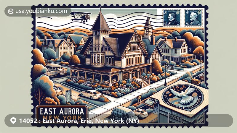 Modern illustration of East Aurora, NY, showcasing Roycroft Campus, Millard Fillmore Presidential Site, Main Street charm, and postal elements with 14052 ZIP code.