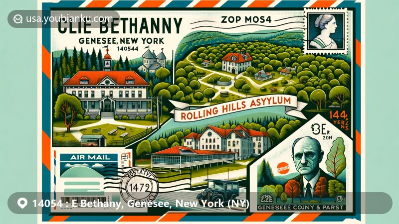 Modern illustration of E Bethany, Genesee County, New York, portraying a creative postcard or air mail envelope with ZIP code 14054, featuring Genesee County Park & Forest, Rolling Hills Asylum, and postal elements.