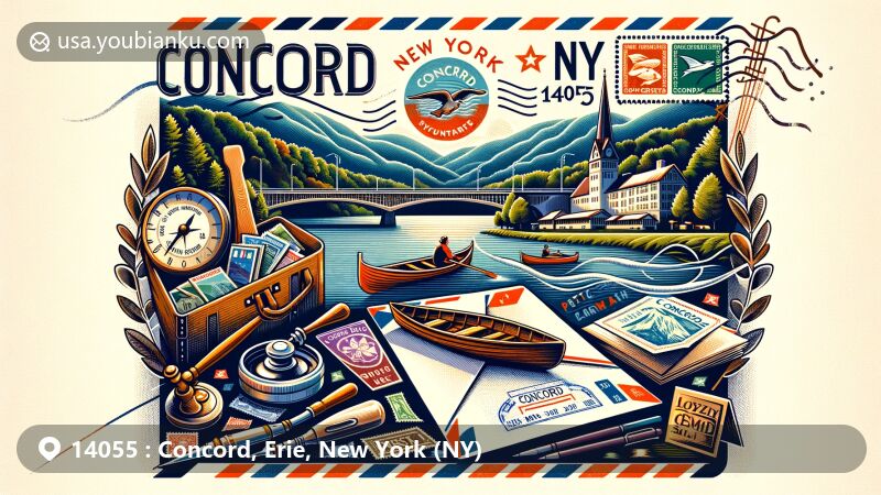 Modern illustration of Concord, Erie County, New York, showcasing the postal theme with ZIP code 14055, featuring Kissing Bridge ski resort, Scoby Dam Park, and vintage airmail envelope.