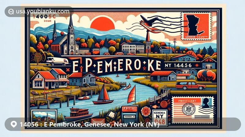 Modern illustration of E Pembroke, Genesee County, New York, showcasing postal theme with ZIP code 14056, featuring Devil's Rock, Western New York National Cemetery, and Tonawanda Creek, capturing vibrant community and natural beauty.