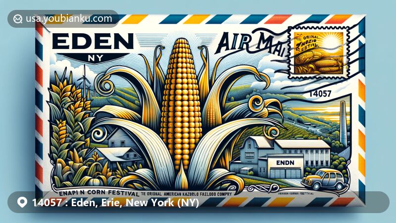 Modern illustration of Eden, NY, Erie County, depicting postal theme with ZIP code 14057, featuring Eden Corn Festival and Original American Kazoo Company.