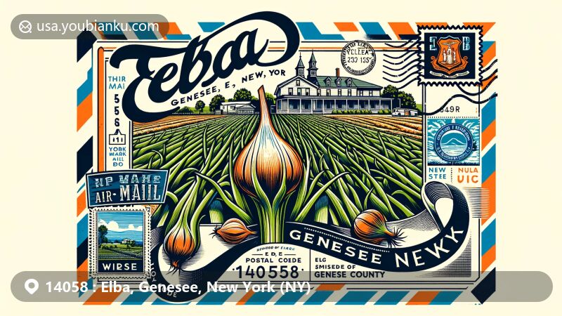 Modern illustration of Elba, Genesee County, New York, featuring iconic landmarks and postal theme with ZIP code 14058, including muckland onion fields, New York state flag, and Elba Museum.