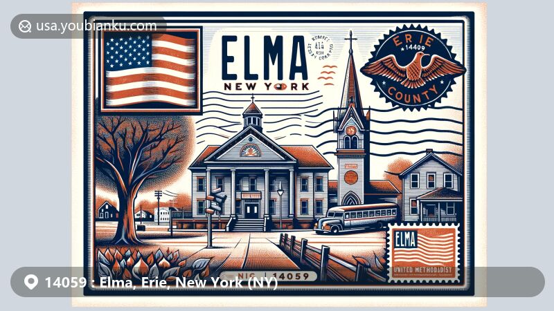 Modern illustration of Elma, New York, featuring Elma Town Museum, Elma United Methodist Church, and postal theme with ZIP code 14059, incorporating American elm tree symbol.