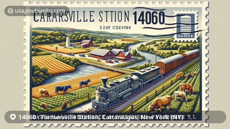 Modern illustration of Farmersville Station, Cattaraugus County, New York, showcasing agricultural heritage with grazing cattle, fields of hay, grains, and potatoes, near Ischua Creek. Depicting the significance of historical railroads with a vintage train symbolizing past transport facilities, and a glimpse of the local post office, emphasizing the postal code 14060.