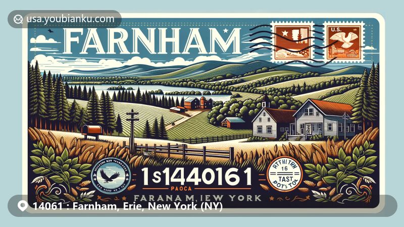 Modern illustration of Farnham, New York, showcasing rural beauty with rolling hills, forests, and farmlands, highlighting postal theme with ZIP code 14061 and iconic US postal elements.