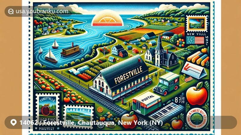 Modern illustration of Forestville, Chautauqua, New York (NY), capturing the essence of the area with scenes from the Fall Festival, the Underground Railroad, and Lake Erie, set against the backdrop of lush green landscapes. Postal elements like vintage postcard format, stamps of local landmarks, and a postmark with ZIP code 14062 are included.