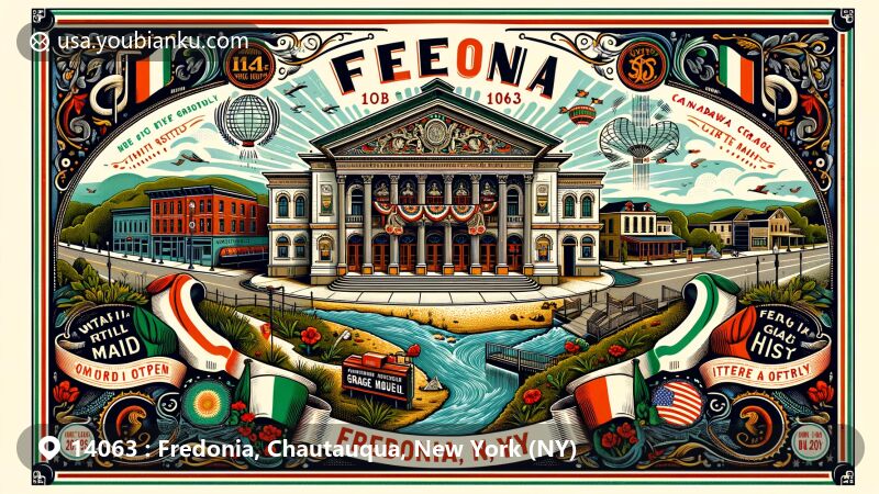 Modern illustration of Fredonia, NY, highlighting Fredonia Opera House, Italian heritage, Grange history, Canadaway Creek, and antique postal theme with ZIP code 14063.