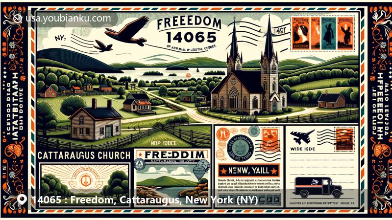 Modern illustration of Freedom, Cattaraugus County, New York, reflecting rural charm and historical significance with Salem Welsh Church and scenic beauty of Crystal Lake, incorporating postal theme highlighting ZIP code 14065 and New York State motifs.