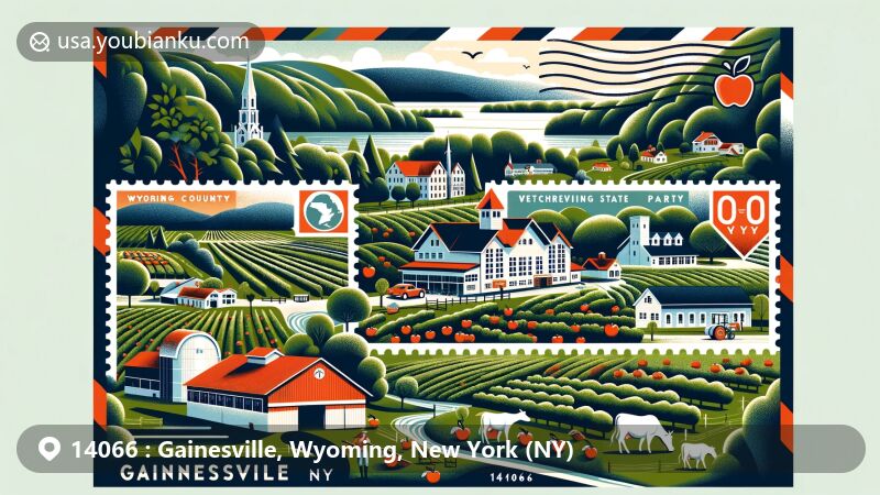 Modern illustration of Gainesville, New York, showcasing dairy farming heritage, ice age landscapes, apple picking, wineries, and Letchworth State Park, with whimsical elements like dairy farms and forests, featuring New York state flag and Wyoming County outline.