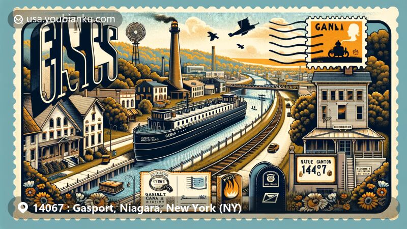 Modern illustration of Gasport, Niagara County, New York, showcasing postal theme with ZIP code 14067, featuring Erie Canal and natural gas element, in vintage postcard style.