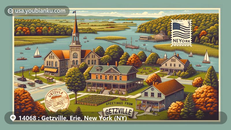 Modern illustration of Getzville, NY, 14068, showcasing scenic beauty and postal theme with vintage postcard design and New York state symbols.