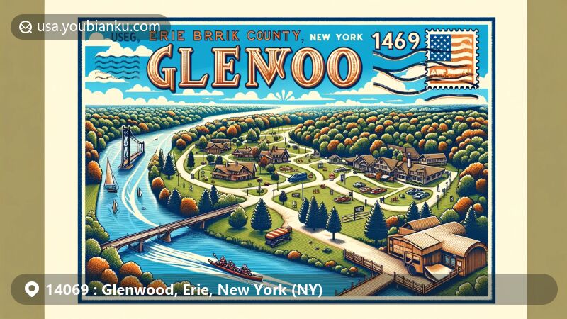 Modern illustration showcasing the beauty of Glenwood, Erie County, New York 14069, featuring parks like Sprague Brook Park and Kissing Bridge Ski Area, with postal theme including vintage air mail envelope and New York state flag.