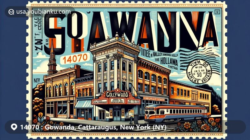 Modern illustration of Gowanda, New York, reflecting ZIP code 14070, featuring Gowanda Village Historic District, Hollywood Theater, and Native American heritage in Neoclassical style, embracing the village's connection to New York and Lake Erie Railroad.