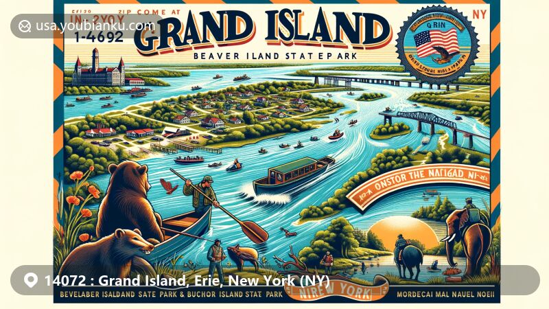 Modern illustration of Grand Island, Erie County, New York, showcasing Beaver Island State Park and Buckhorn Island State Park, along with outdoor activities like fishing, boating, hiking, and biking on the Niagara River. Includes references to Native American heritage and Mordecai Manuel Noah's Ararat. Features postal elements with ZIP code 14072, emphasizing the area's history and natural beauty.