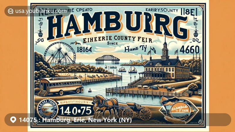 Modern illustration of Hamburg, Erie County, New York, showcasing postal theme with ZIP code 14075, featuring Hamburg Fairgrounds, Erie County Fair tradition, and Hamburg Free Library.
