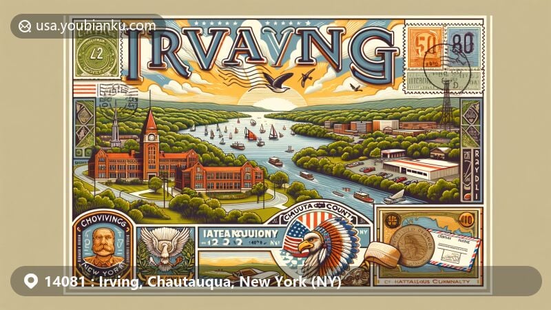 Modern illustration of Irving, New York, featuring vintage airmail envelope design and postal theme, showcasing symbols of Seneca Nation, Thomas Indian School, and Cattaraugus Creek, highlighting ZIP Code 14081.