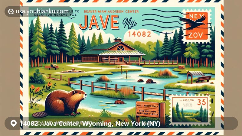 Modern illustration of Beaver Meadow Audubon Center in Java Center, NY 14082, showcasing nature trails, beaver pond, outdoor exhibits, and vintage postal theme with state flag stamp and postmark.