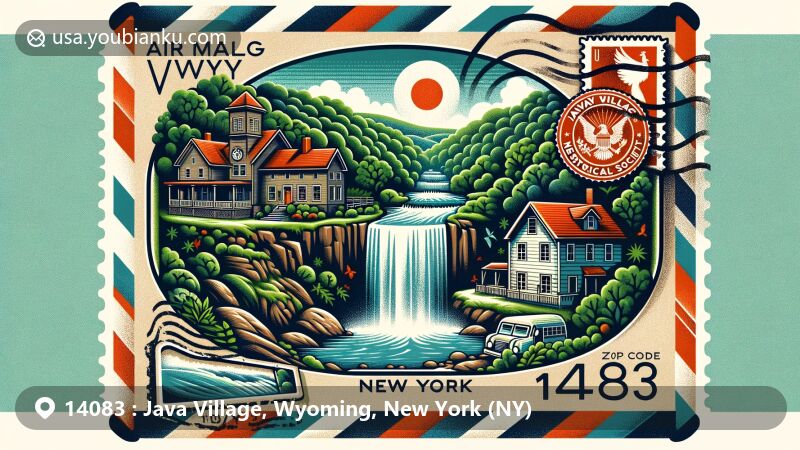 Modern illustration of Java Village, Wyoming County, New York, capturing scenic Java Falls and Java Historical Society in a postal theme with ZIP code 14083.