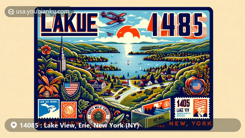 Modern illustration of Lake View, Erie County, New York, capturing natural beauty with Lake Erie and Eighteen Mile Creek, featuring postal elements like airmail envelope, stamps, postmark '14085 Lake View, NY,' and New York state symbols.