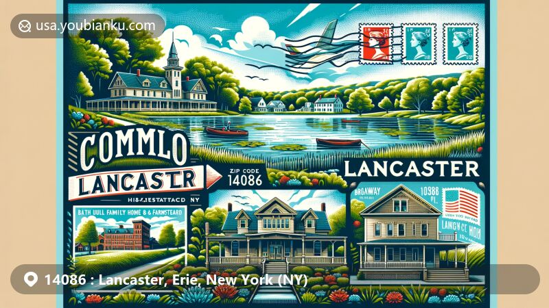 Modern illustration of Lancaster, NY, showcasing Como Lake Park, Hull Family Home & Farmstead, and Broadway Historic District, featuring unique postal elements like stamps and postmarks.