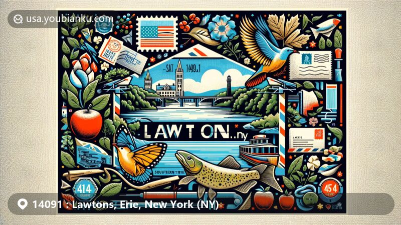 Modern illustration of Lawtons, Erie County, New York (NY), featuring air mail envelope with ZIP code 14091, showcasing state symbols like Eastern Bluebird, Rose, Apple, Sugar Maple, and Brook Trout.