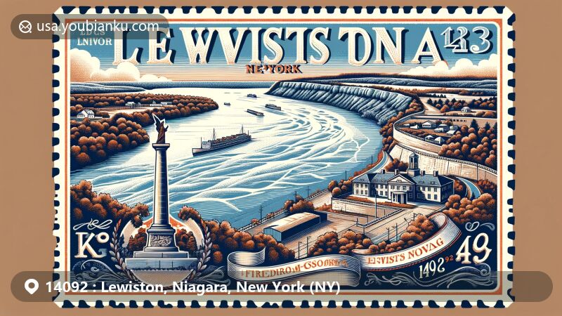 Modern illustration of Lewiston, Niagara County, New York, capturing the historical and natural beauty of the area with landmarks like Old Fort Niagara and the Freedom Crossing Monument in the backdrop of Niagara River.