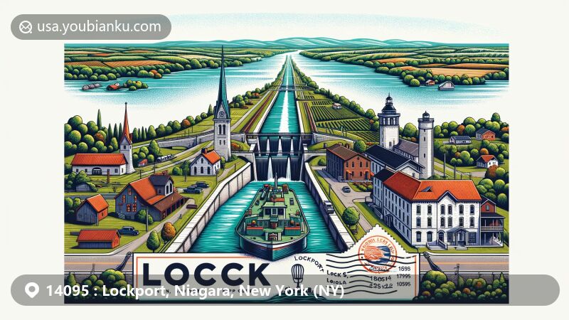 Modern illustration of Lockport, Niagara, New York (NY), highlighting Erie Canal's Flight of Five locks, Blackman Homestead Farm, Freedom Run Winery, and Lowertown District. Scenic background features Niagara's rolling hills and lush landscapes.