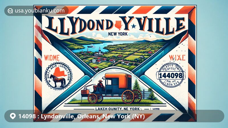 Modern illustration of Lyndonville, New York, showcasing airmail theme with ZIP code 14098, featuring geographical outline, Lake Ontario, Amish buggy, and stamp, reflecting history, cultural diversity, and natural beauty.