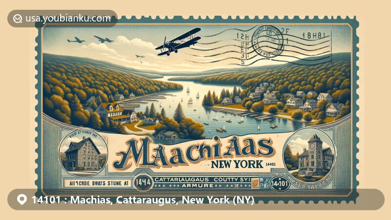 Modern illustration of Machias, New York, illustrating the scenic Lime Lake, historic Stone House, and natural beauty of forests, mountains, and Ischua Creek. Merged with vintage air mail envelope featuring postal elements like stamps, postal mark 'Machias, NY 14101,' and a flying airplane symbolizing connectivity. Tribute to Machias' nature and postal heritage.