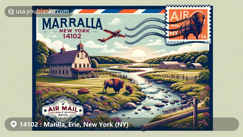 Modern illustration of Marilla, New York, highlighting postal theme with ZIP code 14102, showcasing Buffalo Creek and rural agricultural landscapes.