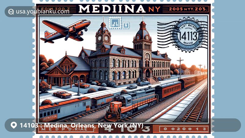 Modern illustration of Medina, Orleans County, New York, highlighting postal theme with ZIP code 14103, featuring historic Medina City Hall and Medina Railroad Museum.
